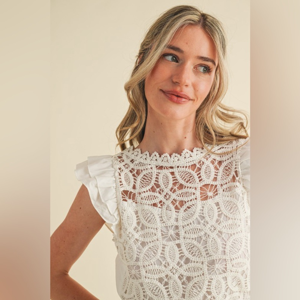 White crochet lace cotton boho bohemian flutter sleeve babydoll tunic top blouse - Picture 7 of 8